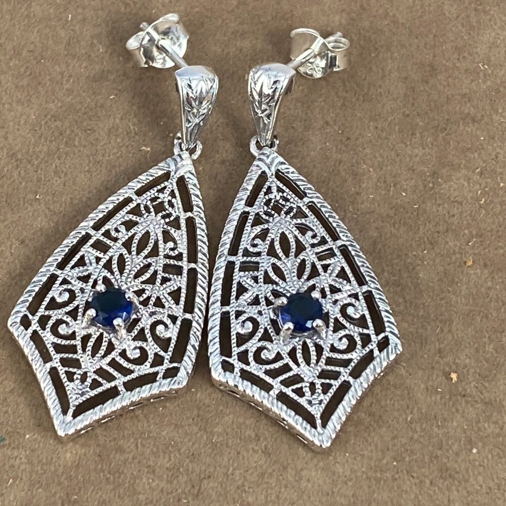 Blue Sapphire 925 Solid Sterling Silver Filigree Retro Art Deco Earrings